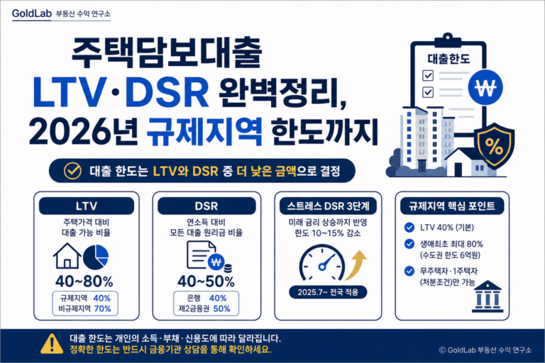 주택담보대출 LTV·DSR 완벽정리, 2026년 규제지역 한도까지 대표 이미지 | GoldLab 부동산 수익 연구소