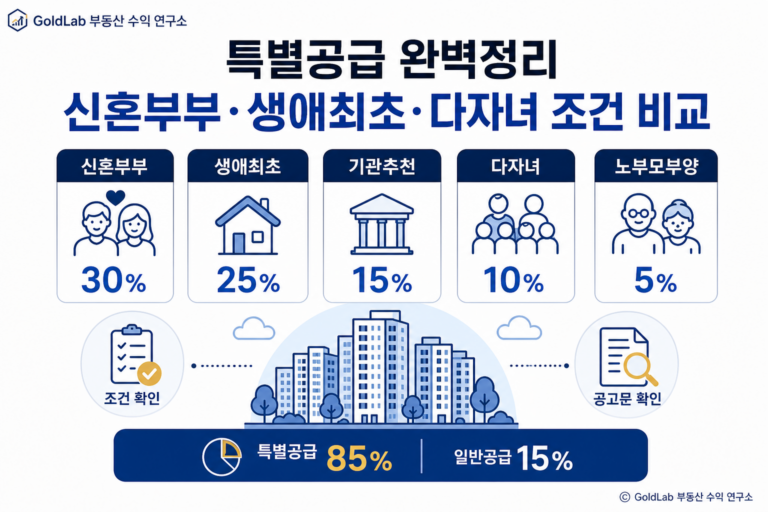 특별공급 완벽정리, 신혼부부·생애최초·다자녀 조건 비교 대표 이미지 | GoldLab 부동산 수익 연구소