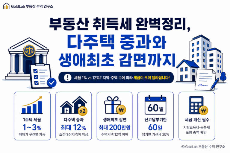 부동산 취득세 완벽정리, 다주택 중과와 생애최초 감면까지 대표 이미지 | GoldLab 부동산 수익 연구소